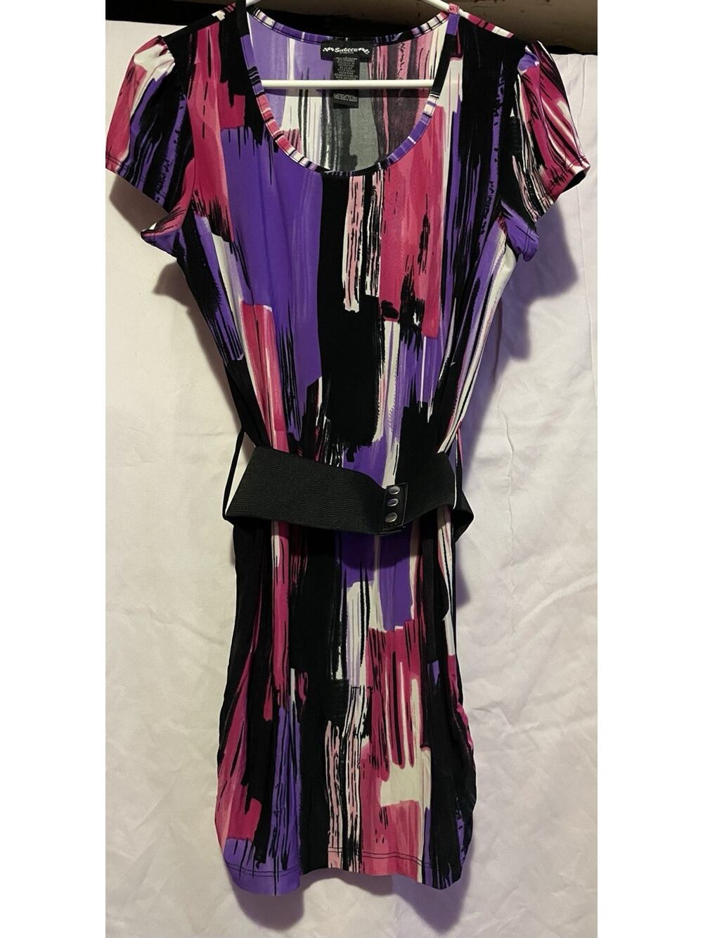 Women’s Abstract Print Belted Dress Purple Pink Black Short Sleeve Size L